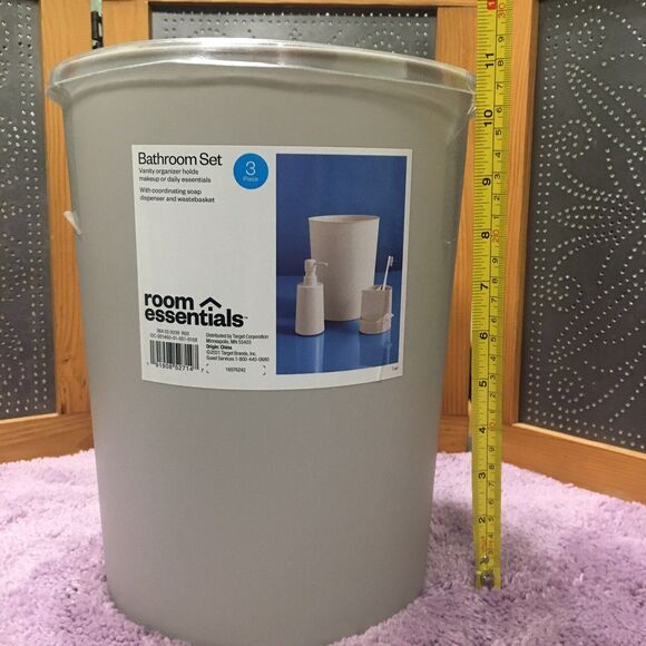 3 Pc Bathroom Set Gray Soap Dispenser Toothbrush Holder Trash Can Dorm room - Picture 5 of 6